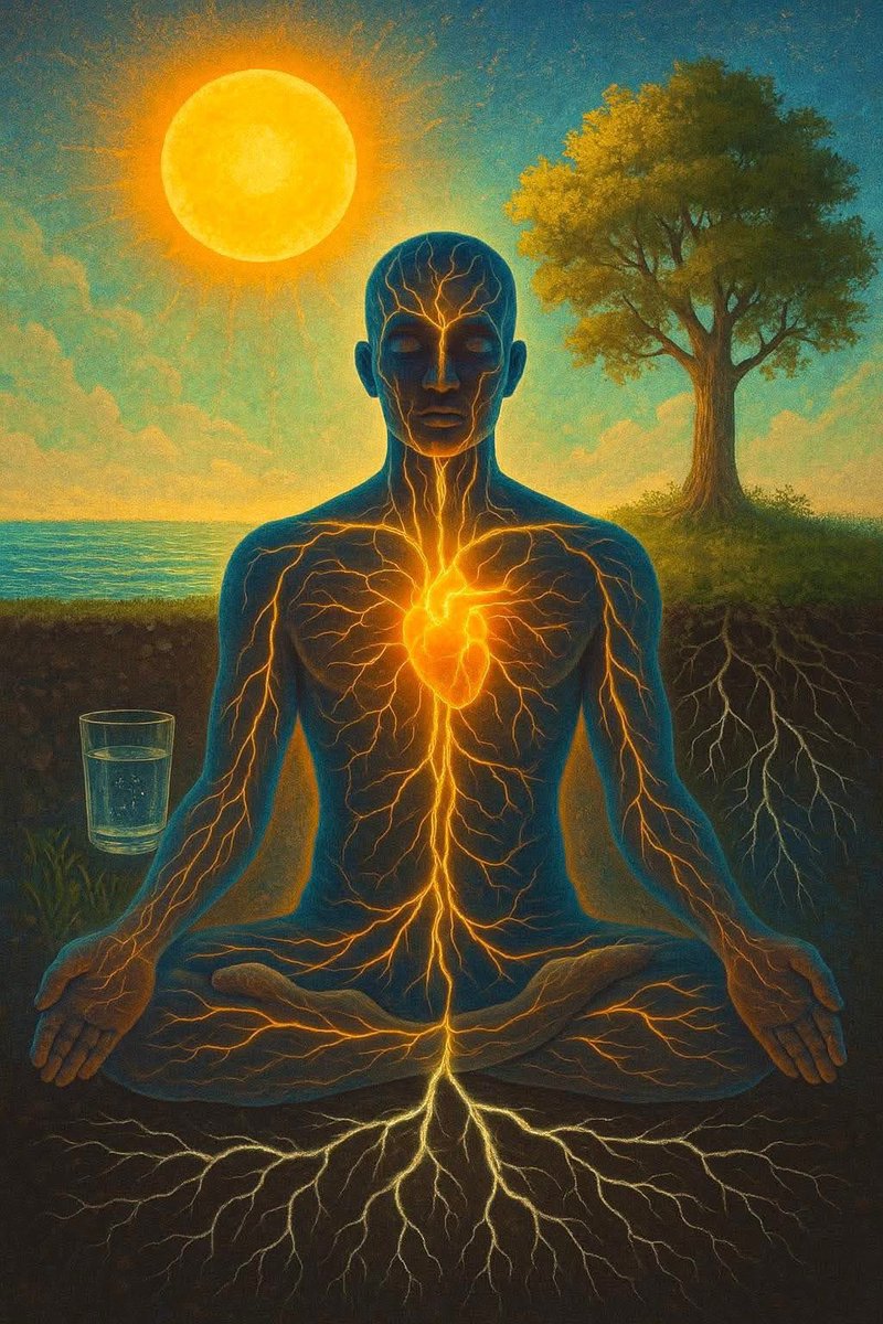 maximumpain333's tweet photo. Your body is more electric than your phone—yet you charge that every night, and rarely think about charging you. But the truth is: you’re not just flesh and thought. You are voltage. You are frequency.

Every cell in your body runs on electrical potential. Your heart beats through bioelectric charge. Your brain fires through light and magnetism. And yet we’ve been taught to live disconnected from the very forces that keep us alive. You want to heal? You want clarity, vitality, peace? Then plug back into what you were made from. Sunlight. Clean water. Ground beneath your feet. You absorb electrons through skin-to-earth contact. You generate power when your bare eyes meet the morning sun. You restore flow when you drink living water charged with minerals and memory. This is spiritual embodiment.

Ascension isn’t about escaping your body. It’s about becoming fully alive inside it. Because heaven isn’t somewhere else. It’s a frequency. And when your body is charged, when your cells are coherent, when your nervous system feels safe—you don’t just visit heaven. You carry it.

✨🙌🏽💫