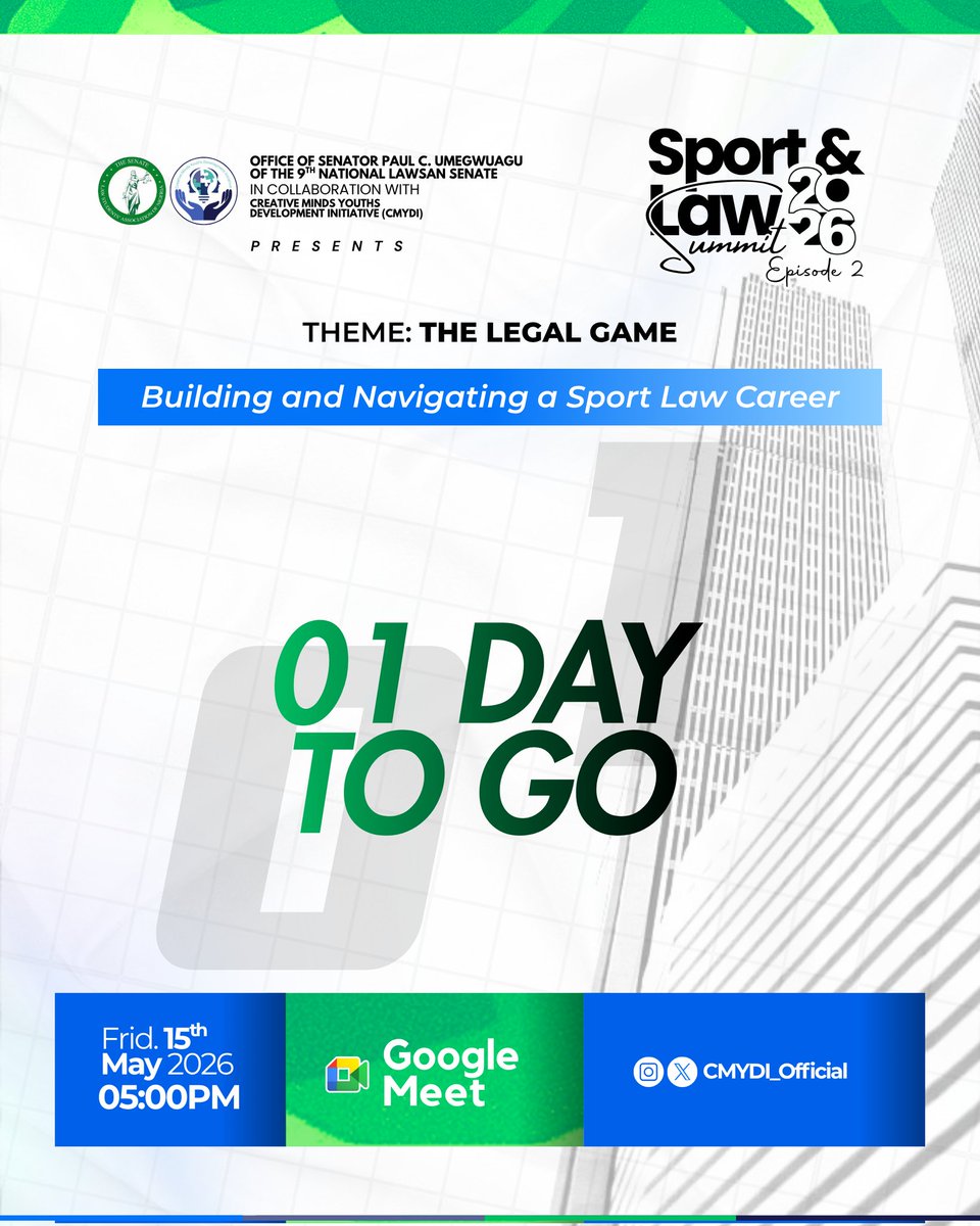 CMYDI_Official's tweet photo. ⚽⚖️ Sport &amp; Law Summit 2026 – EP 2

Convener/Host: Paul C. Umegwuagu 
Speaker: Favour Somtochukwu Ogbodo
(CEO, Diamond Sports Media)

🎙️ Topic: Building and Navigating a Sport Law Career
🗓️ May 15, 2026 | 🕒 5PM
📍 Google Meet

More Info: https://t.co/oDagpQFxAJ

#SLS26 #CMYDI https://t.co/09Tie9BDTg
