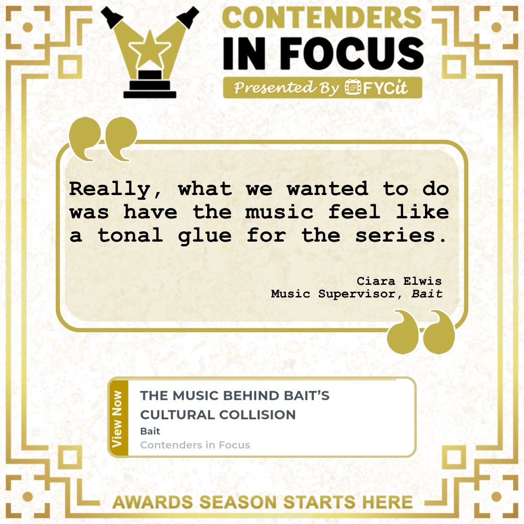 fycitapp's tweet photo. For Bait, music supervisor Ciara Elwis used sound to hold together the show’s shifting tones and layered cultural identity. 🎧

“Really what we wanted to do was have the music feel like a tonal glue for the series.”

Catch this week’s Contenders in Focus: https://t.co/4ugevuuEHK https://t.co/YC8V6s1dwR