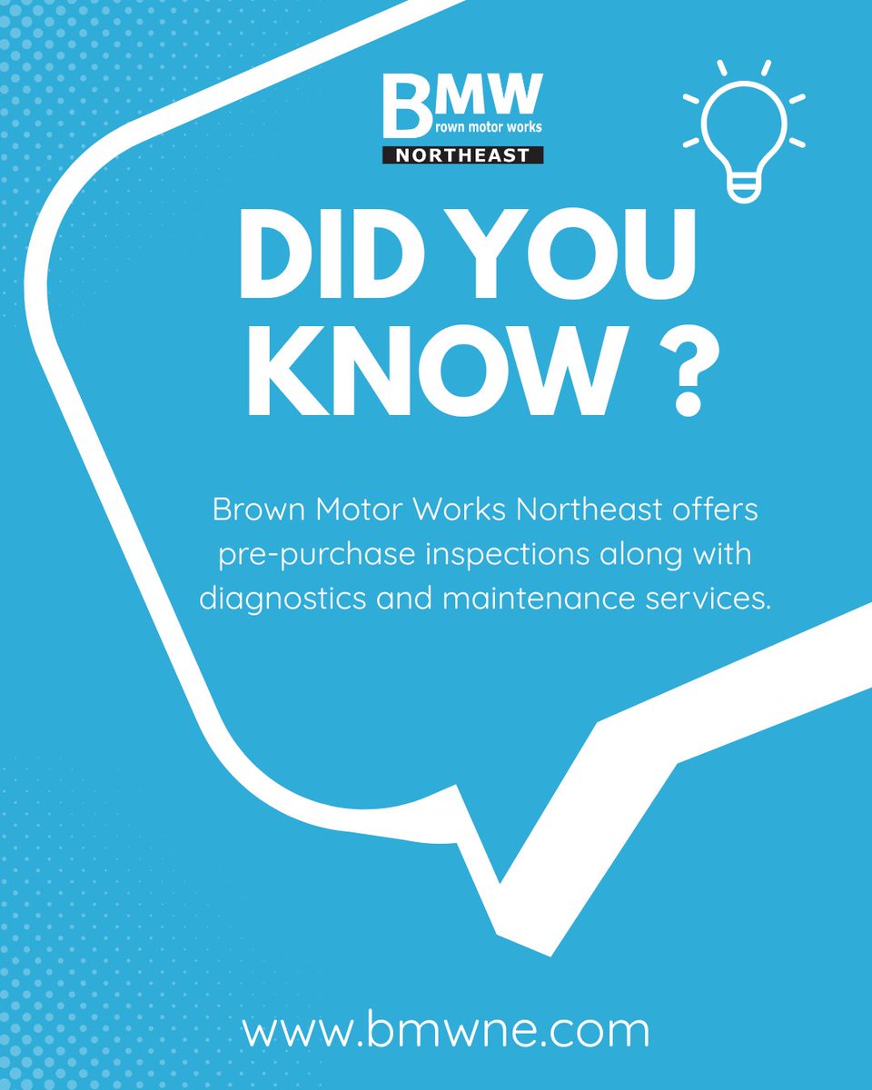 BrownMotorWorks's tweet photo. 🚗✨ Did You Know? 
At Brown Motor Works Northeast, we make buying with confidence easier through pre-purchase inspections, diagnostics, and maintenance services you can trust.

💻 Schedule your appointment today at https://t.co/ZfH4v7fJeZ!
.
#BMW #CarMaintenance https://t.co/sS4AU9IKdi