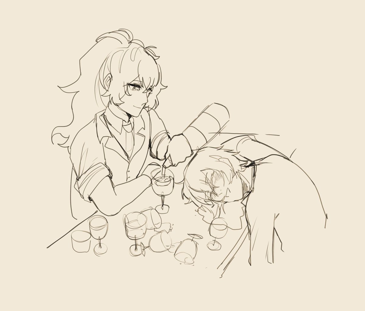 Debsaint1's tweet photo. Eu amei como Diluc não se importou de atender Shinya até a última garrafa hahaha 🤧🤌. //Dibujo realizado por @sushi_avocado https://t.co/QRVQvTB93q