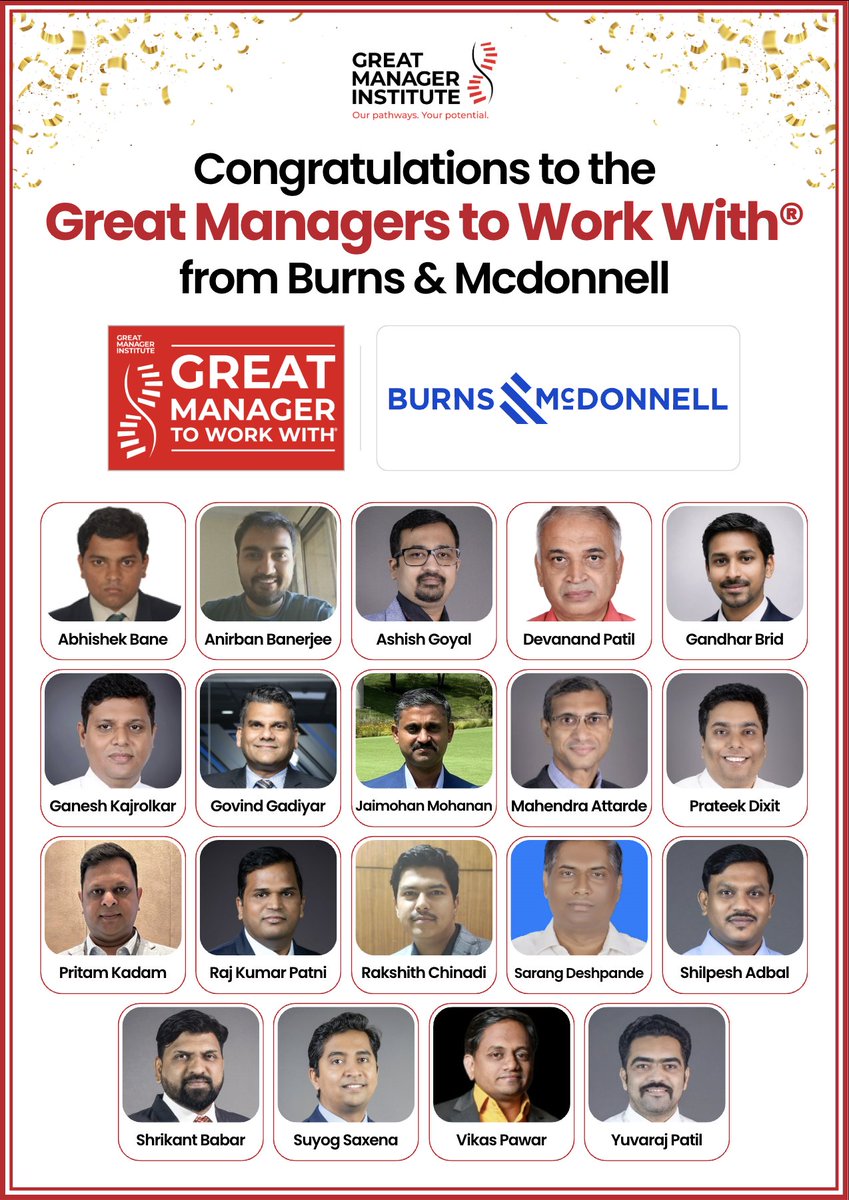 GreatManagerI's tweet photo. Congratulations to all the managers at @BurnsMcDonnell.

Abhishek B, Anirban B, Ashish G, Devanand P, Gandhar B, Kajrolkar G, Govind G, Jai M, Mahendra A, Prateek D, Pritam K, Raj P, Rakshith C, Sarang D, Shilpesh A, Shrikant B, Suyog S, Vikas P, Yuvaraj P

#GreatManagerInstitute https://t.co/XAZtSReVBM