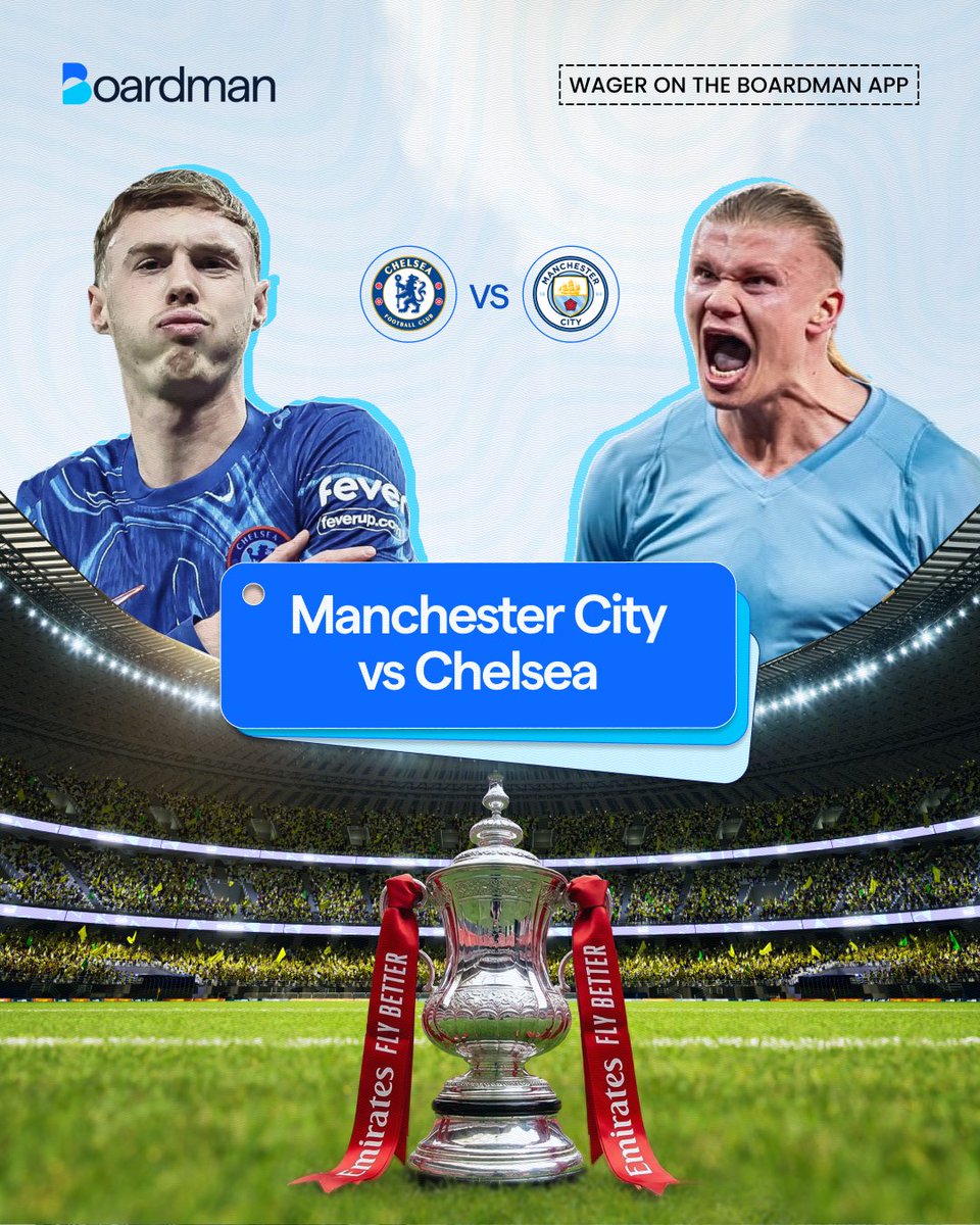 YourBoardman's tweet photo. Wembley is calling! Chelsea vs Manchester City in the FA Cup Final this Saturday.

Who’s winning the cup? Wager on Boardman! https://t.co/J7xPvunTfh