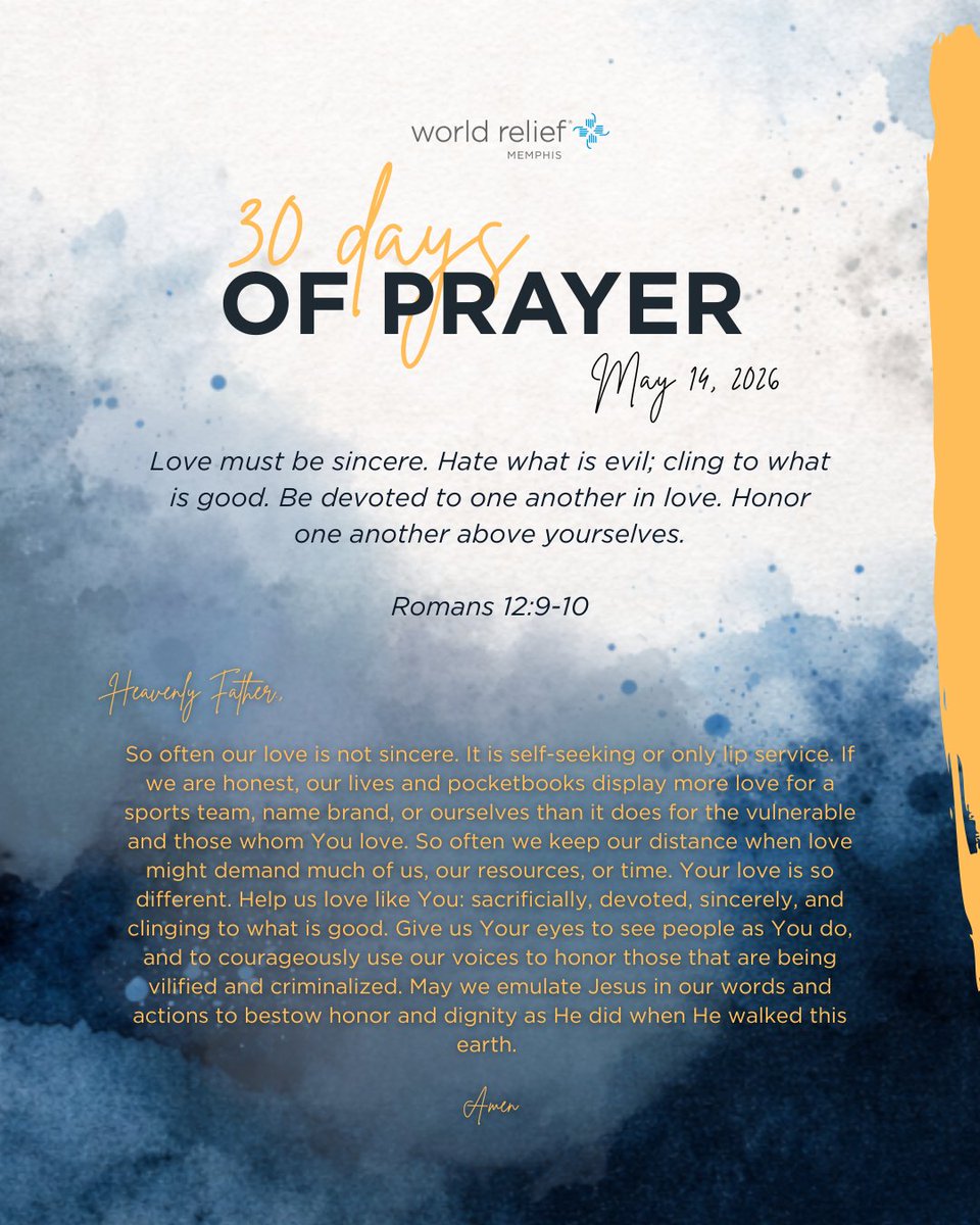 WRMemphis's tweet photo. Real love goes beyond words and shows up through sacrifice, compassion, and action.

Today we pray for hearts that love sincerely, honor others deeply, and reflect the character of Jesus in the way we care for our neighbors. 

#30DaysOfPrayer  #memphis https://t.co/HWV2nZG1oM