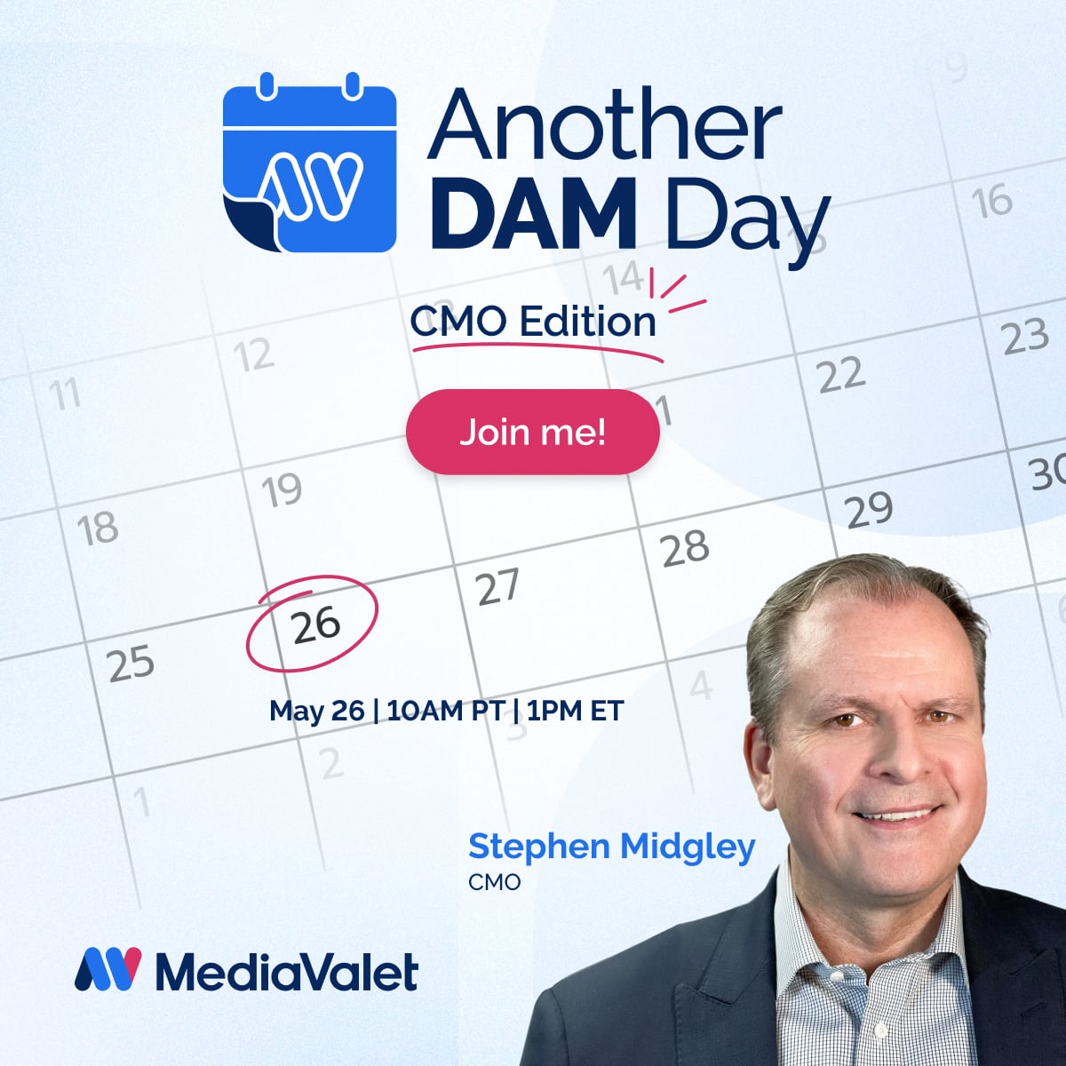 MediaValet's tweet photo. Join Stephen Midgley, CMO at MediaValet, for Another DAM Day: CMO Edition, and discover how modern marketing leaders use DAM to eliminate content chaos and improve campaign performance.

📅 May 26 | 10 AM PT / 1 PM ET

Register: https://t.co/k813rxvc7O

#DAM #CMO https://t.co/tw6yEKmK5C
