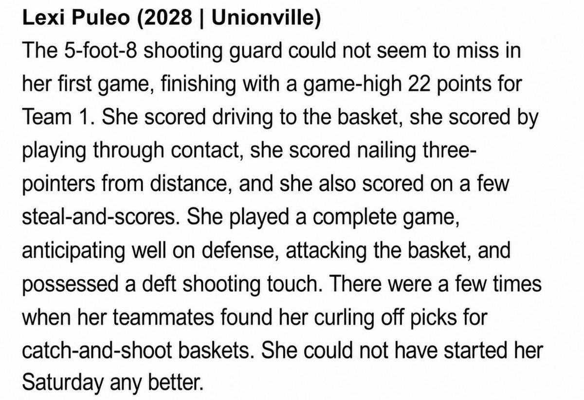 lexipuleo23's tweet photo. Thank you @hooplove215 for being named an outstanding performer at the prospect camp this past weekend.  Grateful for the support and excited for a big summer!

@delcogoats @Mikehebb42 @goUbball @JrAllStarBB https://t.co/6moMB2g8TJ