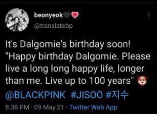 pawangdalgom's tweet photo. Jisoo 2021, "Happy Birthday Dalgomie. Please live a long long happy life, longer than me. Live up to 100 years" π₯Ήπ«Άπ» cheers to 11 dalgomie! Please live long long long happy life with Jisoo π€
#HappyDalgomDay #JISOO #DALGOM https://t.co/AVAYuTqzyN