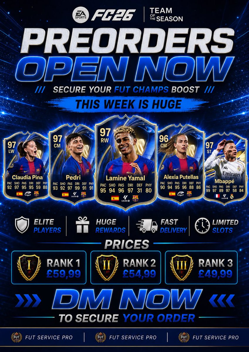 FutServicePro's tweet photo. 🚨 PREORDERS FOR THIS WEEK ARE NOW OPEN 🚨

Without a doubt, one of the BEST TOTS teams of the year is here 😍🔥
Lamine, Pedri,Alexia, Pina, Mbappé… this promo is absolutely stacked 👀

A huge FUT Champs week is coming, and spots will fill quickly.

📩 DM NOW to secure your spot https://t.co/yd72cdQnfj