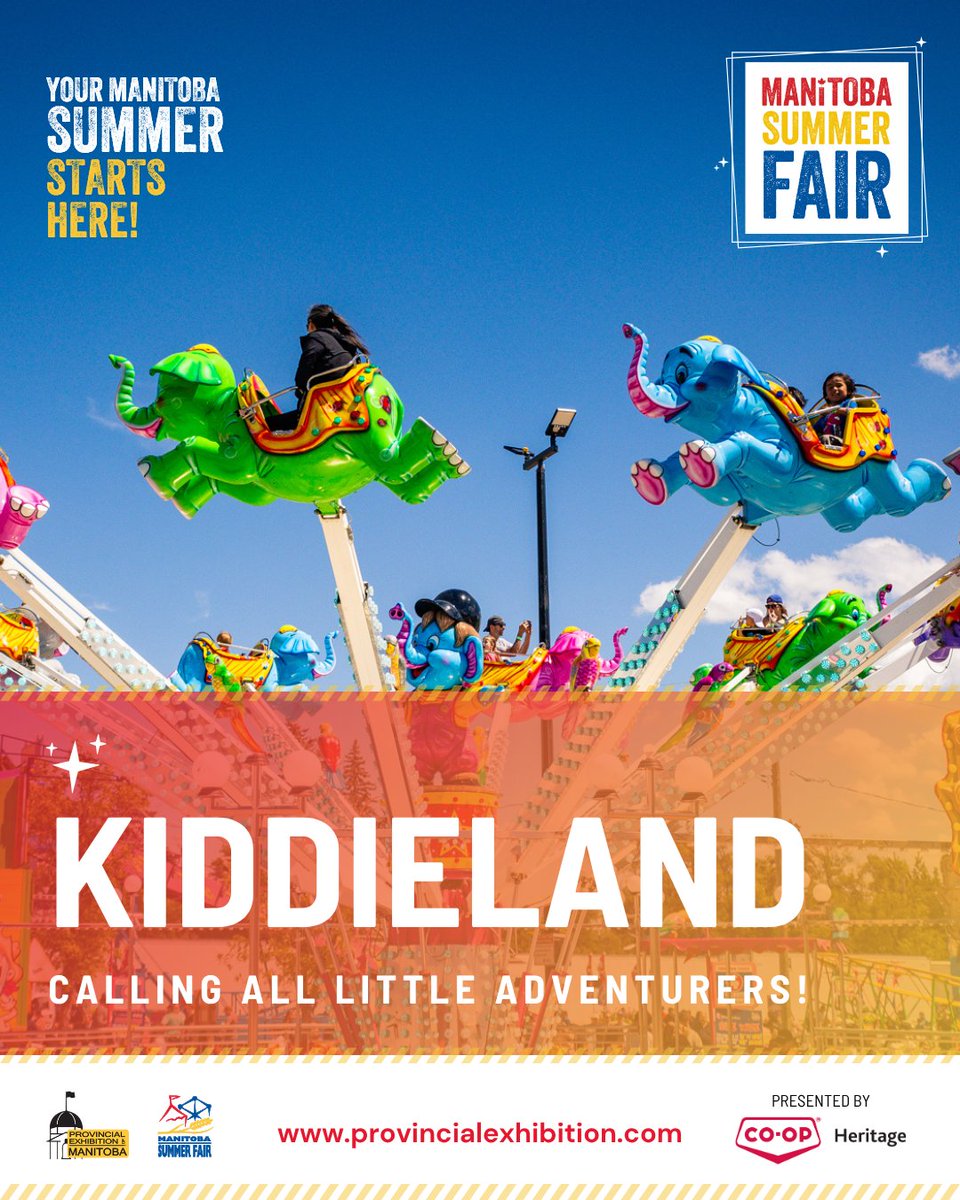 ProvincialEx's tweet photo. The Provincial Exhibition of Manitoba is excited to announce Kiddieland is back at the Manitoba Summer Fair 🎡 A family favourite designed for younger children to enjoy a fun, safe fair experience. Purchase advance tickets now at Heritage Co-op Food Store or online. https://t.co/3CFjFzELTb