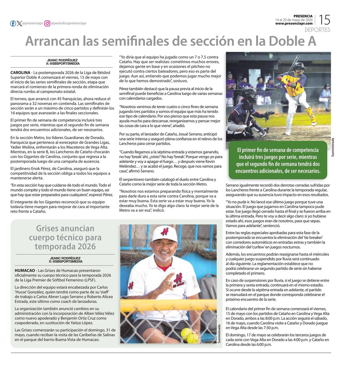 sbsportsmedia's tweet photo. . @presenciapr jueves, 14 de mayo de 2026 / Arrancan las semifinales de sección en la Doble A

Por: @jeancrod https://t.co/O7X5FKb0Vo