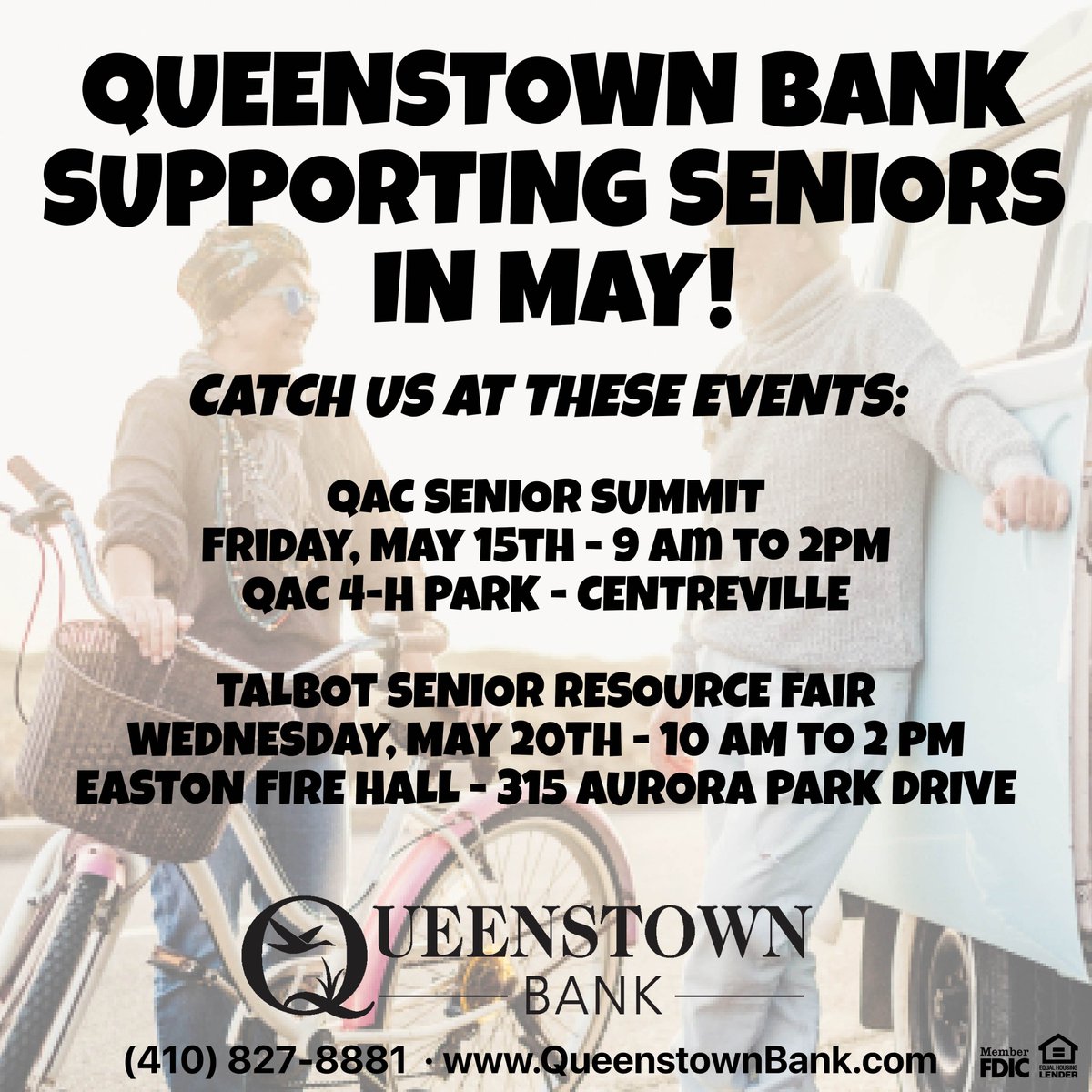 QueenstownBank's tweet photo. #QueenstownBank has a full schedule this month, including two area senior events; the QAC Senior Summit on Friday, May 15th and the Talbot Senior Resource Fair on Wednesday, May 20th.  We'll have great information and giveaways at our booths, so stop by and say hello! https://t.co/rR5okcoIHI