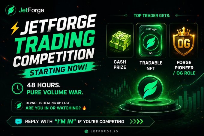 jetforgeDev's tweet photo. The JetForge Devnet Trading Competition is STILL LIVE and people are already positioning themselves early 👀🔥  

The grinders are climbing the leaderboard, building volume, and locking in their spots before the competition gets even hotter ⚙️🚀  

This is your chance to:  
🏆 Compete for USDT rewards  
🎨 Earn tradable NFTs  
👑 Secure OG community roles  
💵 Position for future cash rewards  

Remember—the more active traders you bring, the higher your score climbs 📈  

⚠️ Solana Devnet only  
✅ No real funds needed  
✅ Completely risk-free  

Don’t wait till it’s too late to get involved. Early participants always benefit the most 🔥  

🌐 https://t.co/0m3qpE62WA  
💬 Join the Telegram and get locked in