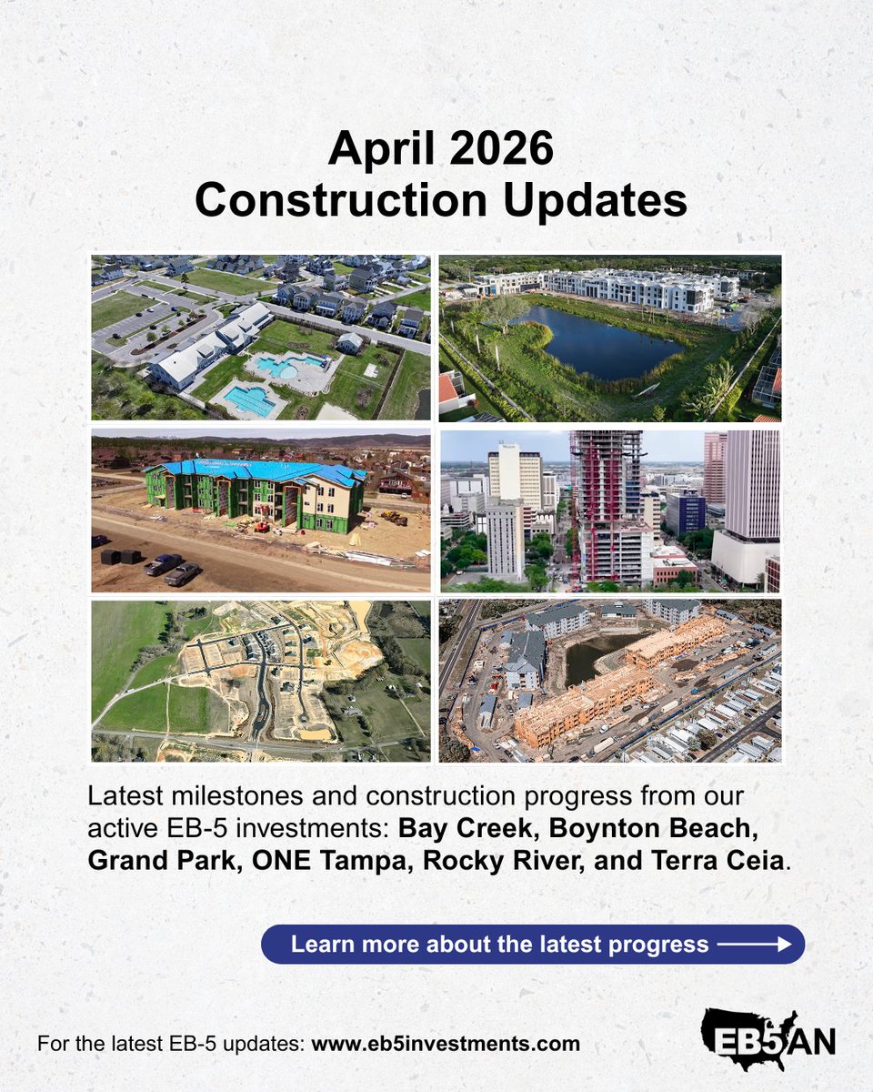 EB5AN's tweet photo. April 2026 construction updates are now available for multiple EB5AN-sponsored projects across the U.S. 

Read the latest updates:
https://t.co/Bp0DbCOQcp https://t.co/FtAARbDqWJ