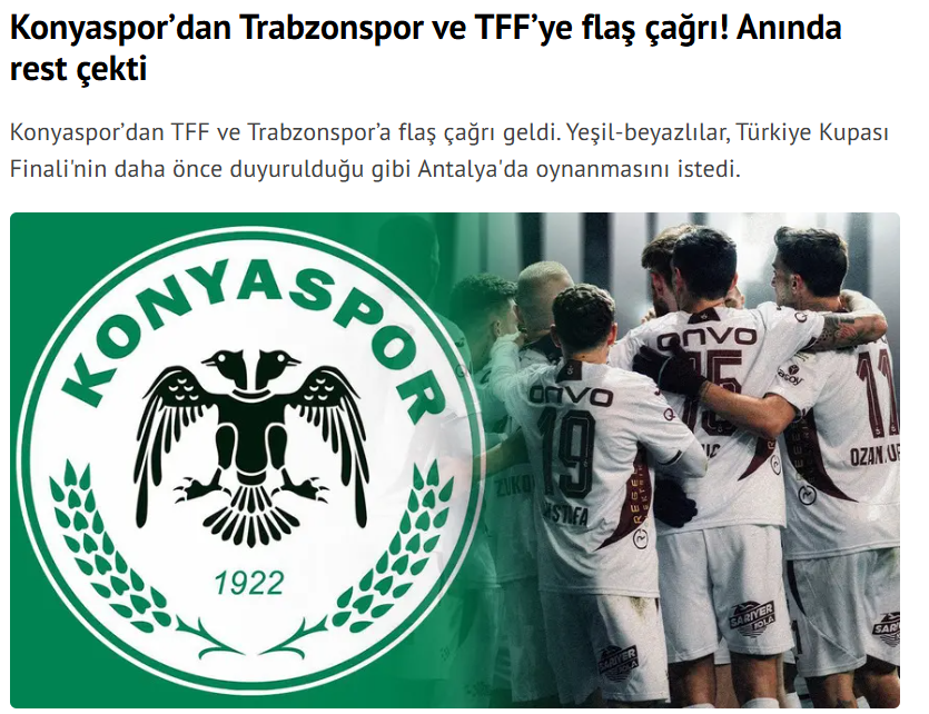 HaberNeticesi's tweet photo. Konyaspor, Ziraat Türkiye Kupası Finali'nin oynanacağı şehrin değiştirilmesi yönündeki iddialara net bir dille karşı çıktı. Yeşil-beyazlı kulüp, daha önce ilan edildiği gibi dev finalin Antalya’da oynanması gerektiğini belirterek, "Yer değişikliğini gerektirecek hiçbir neden yok" https://t.co/EXAhuAR33P