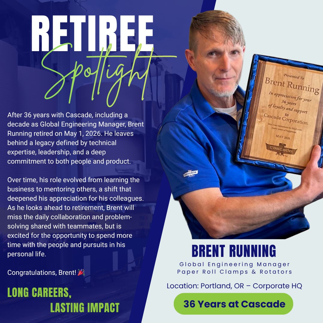 CascadeCorp's tweet photo. Join us in celebrating 36 years of dedication and impact 👏 Thank you Brent for your leadership, mentorship, and lasting contributions to Cascade. 

Wishing you all the best in retirement! https://t.co/6NGKHdZMMb