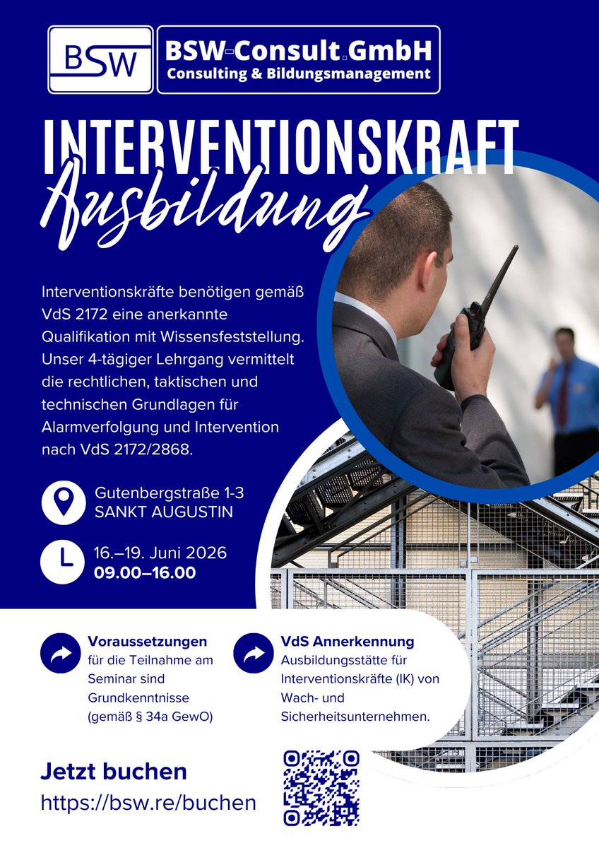 BSW_Consult's tweet photo. Interventionskräfte übernehmen eine zentrale Rolle bei der Alarmverfolgung und Intervention für Wach- und Sicherheitsunternehmen. In unserem  Lehrgang vermitteln wir die Grundlagen, die für eine Tätigkeit als Interventionskraft erforderlich sind.

https://t.co/BpGuPwstqv https://t.co/uXZDszXizn
