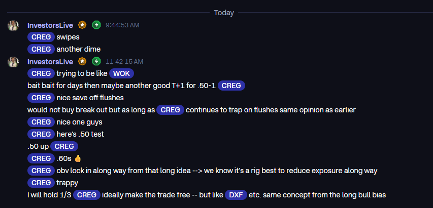 InvestorsLive's tweet photo. $CREG the daily trap - same trap different day 

Nice replication of $DXF and same sorta squeeze up as $WOK https://t.co/uWiGrQcp4Z