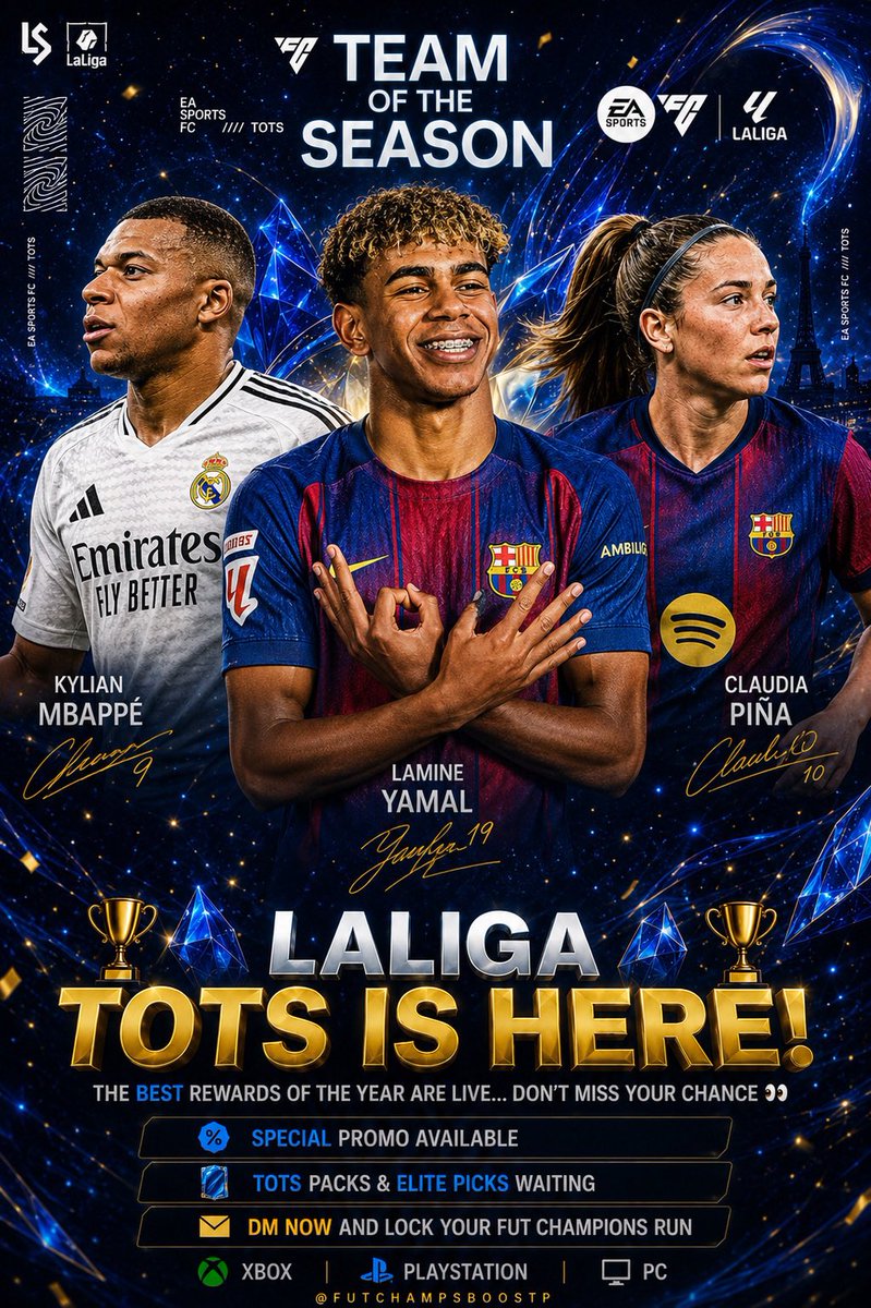 FutChampsBoostP's tweet photo. 🏆🇪🇸 LALIGA TOTS IS LIVE 🇪🇸🏆

🔥 The BEST rewards of the year are finally here

✅ Elite TOTS Picks &amp; Packs
✅ Trusted &amp; verified service
✅ PayPal available
✅ Fast delivery

📩 DM NOW — spots are filling fast
🟢 Xbox | 🔵 PlayStation | 💻 PC

#EAFC26 #LaLigaTOTS #FUTChampions https://t.co/eULL3s3eVL