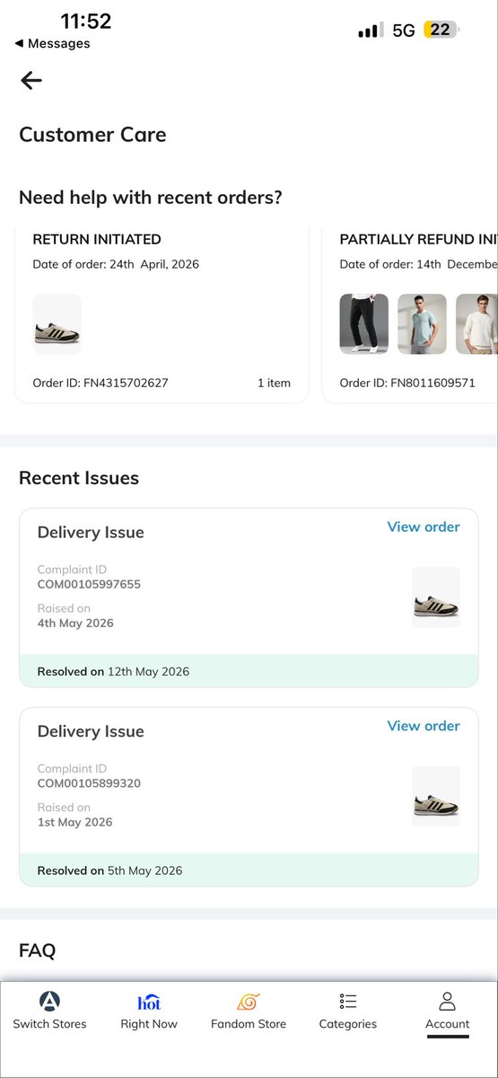 hpxlab's tweet photo. @AjioCares @AJIOLife
Shoes delivered &amp; exchange raised on 29th April. No pickup till 11th May. Ajio asked me to cancel exchange &amp; file fresh return. Return picked on 11th May, product reached warehouse via Delhivery, but refund still not initiated.Order ID: FN4315702627
#Ajio https://t.co/vsWqiw3lo2