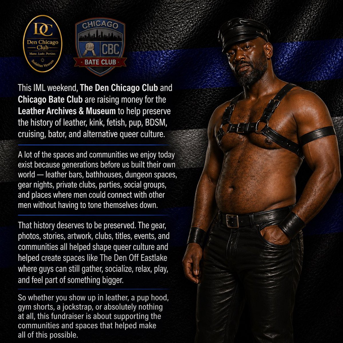 TheDen_Eastlake's tweet photo. This IML season we’re fundraising for the Leather Archives  and Museum!   

They do much to preserve diverse kink and leather communities for now and future. 

❗️Please help us to reach our goal and donate a few dollars 

https://t.co/IUH6Wx2n3l

#IML #leathercommunity https://t.co/MIVl8rL0Nu