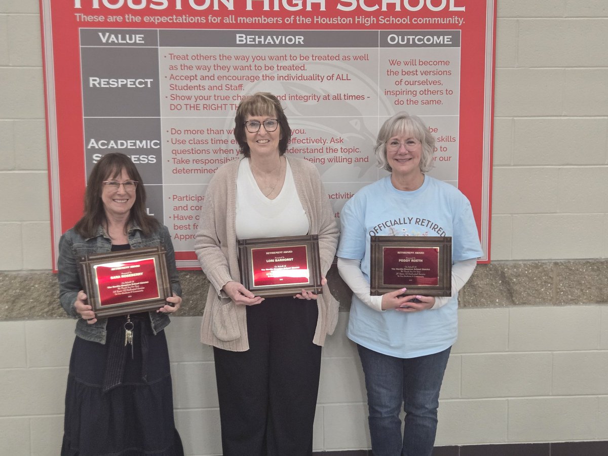 HH_Supt's tweet photo. Ninety-two years of service to the district!  Thank you Mrs. Roseberry,  Mrs. Barhorst,  Mrs. Roeth, and Mr. Ewing (not pictured)! https://t.co/7QFzjhp4c6