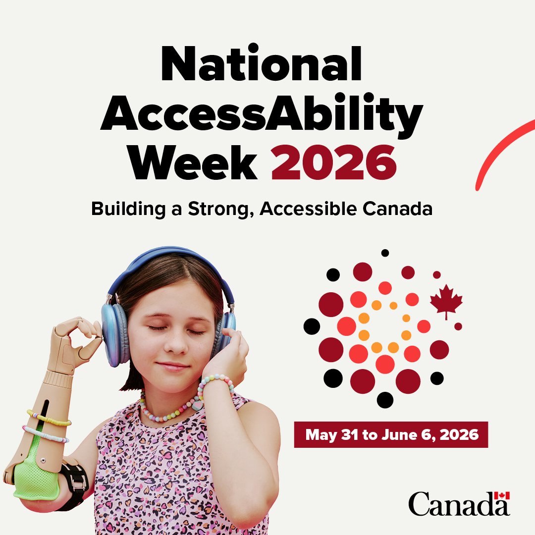 AccessibleGC's tweet photo. National AccessAbility Week is almost here! 

Join us May 31 to June 6 in recognizing the efforts made by persons with disabilities to build a stronger and more accessible Canada! 

Explore our toolkit to get involved:  https://t.co/Ir9zz4cTCr  

#NAAW2026 https://t.co/Riquu0z5GY