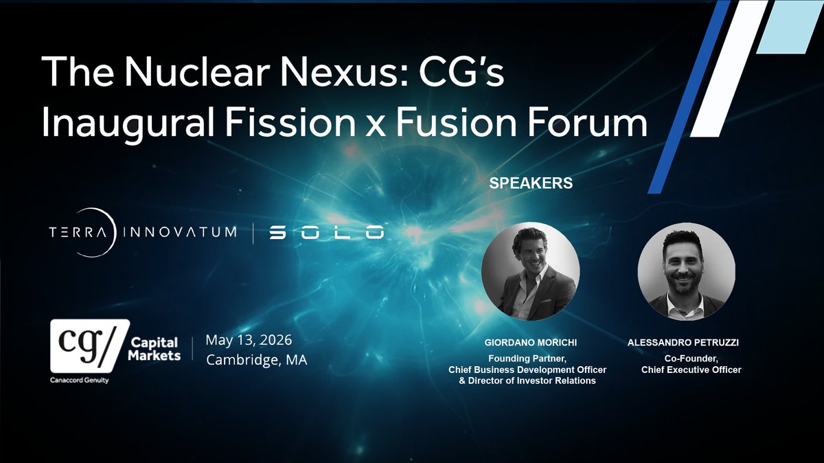 TerraInnovatum's tweet photo. Terra Innovatum ($NKLR)'s CEO Alessandro Petruzzi and Founding Partner &amp; CBDO/IR @GiordanoMorichi presented at the @CG_Driven Nuclear Forum, engaging with investors and industry peers on advanced nuclear and highlighting ~$4B in pre‑commercial commitments for SOLO.

#NKLR #SOLO https://t.co/kernJaVRLZ