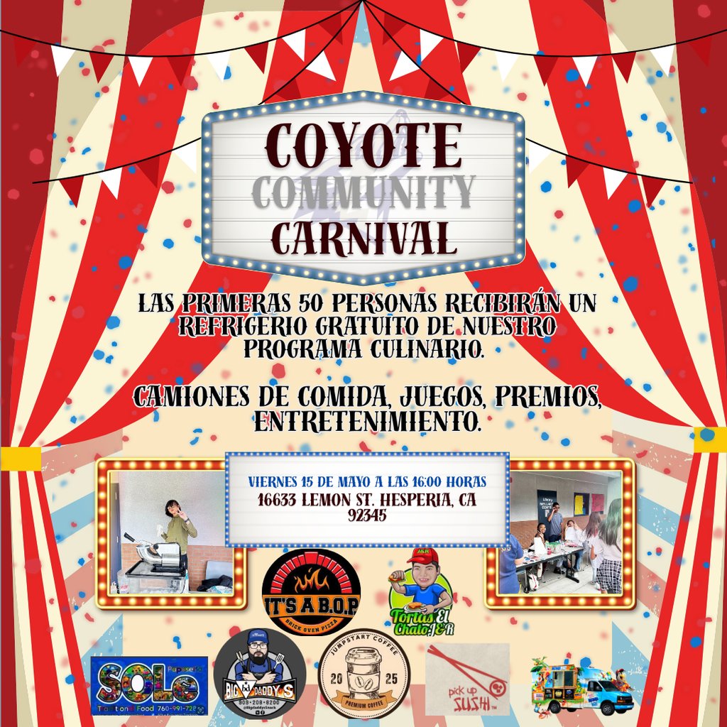 mojaveCoyotes's tweet photo. The Coyote Community Carnival is BACK this Friday! 🎡 Ready for  some serious food showdowns?🏆

🗓️ Friday, May 15
🕓 4-7 PM
📍 Mojave Campus
🎟️ FREE Entry!

🥧 Pie Eating Contest
🌭 Hot Dog Eating Contest
🚚 Food Trucks

Contest sign-ups start at 4 PM sharp! 🥧🌭 #CoyotePride https://t.co/lh0m6UkXpB