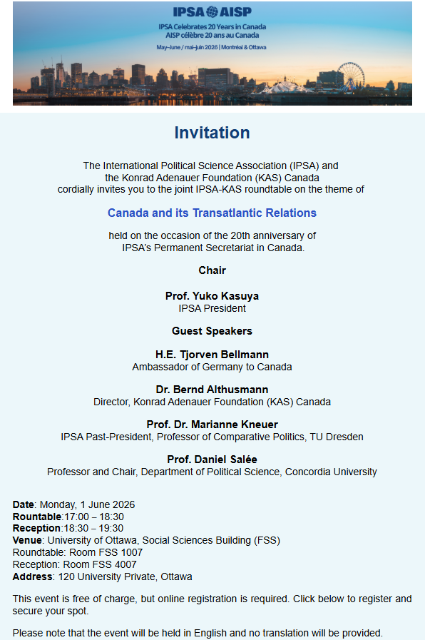 KAS_Canada's tweet photo. On Monday, 1 June 2026 our Director, Dr. Bernd Althusmann will be one of the guest speakers at The International and Political Science Association and Konrad Adeanauer Foundation Conference on Canada and its Transatlantic Relations. 
Please join us and use the registration link below to attend:
https://t.co/DoeB43AW5V
