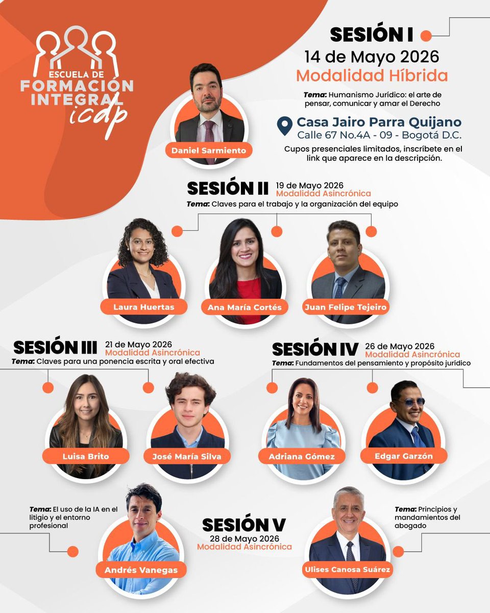 I_C_D_P's tweet photo. 🎓✨*¡Escuela de Formación Integral ICDP 2026!*✨🎓

Un espacio académico diseñado para fortalecer competencias investigativas, académicas y profesionales en Derecho Procesal, dirigido tanto a integrantes de semilleros y miembros del ICDP, como a estudiantes, profesionales y personas interesadas en ampliar su formación jurídica. ⚖️📚

📍 Inicio: 14 de mayo de 2026
🕕 Hora: 6:00 p. m.
🗓️ Desarrollo asincrónico hasta el 28 de mayo de 2026
🎟️ Acceso totalmente gratuito

🔗 Inscríbete en este enlace:
https://t.co/rHoCMJy4pK

📺 Enlace para clase virtual de hoy: https://t.co/I7WZ8yld9F