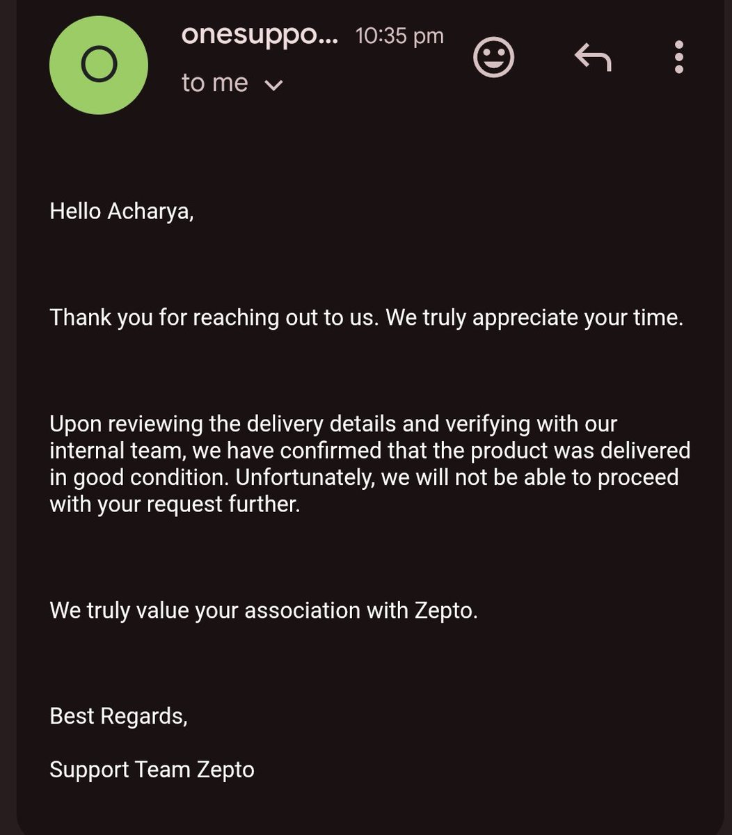 mdsdhruv41's tweet photo. Thankyou @ZeptoNow ,@zeptocares for giving me valid reason to not to use your Service again.
What a customer service you have.
#poorservice https://t.co/lf0I0mxJFj
