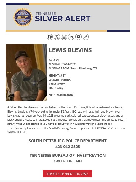 TBInvestigation's tweet photo. MORE: Lewis Blevins, the subject of a #TNSilverAlert, was last seen wearing dark colored sweatpants, a black jacket, and a black and gray hat. 

He has a medical condition that may impair his ability to return safely without assistance.

Spot him? Call TBI at 1-800-TBI-FIND! https://t.co/X6YzLzlfCG
