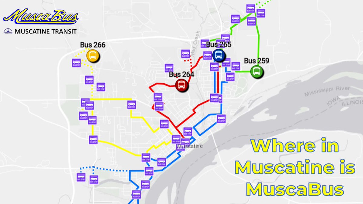 CityofMuscatine's tweet photo. Track your MuscaBus in real time! Live map now available for all routes. #MuscaBus #Muscatine #TransitTech #RealTimeTracking https://t.co/IQtlcJbFrq