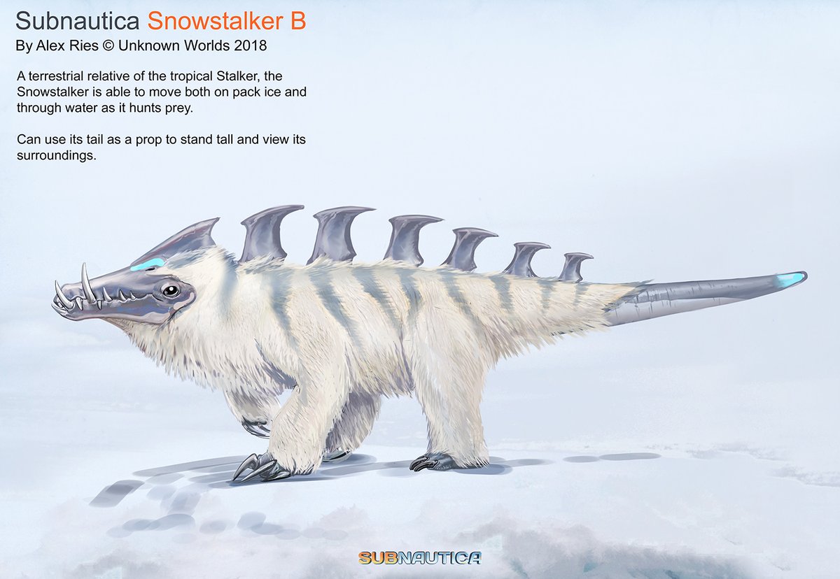 alexriesart's tweet photo. More Subnautica: Below Zero development; in this case, the Snowstalker.

I designed them to be terrestrial relatives of the tropical, aquatic stalkers who developed filamentous integument to protect themselves from the cold. https://t.co/dxHdxlx1GH