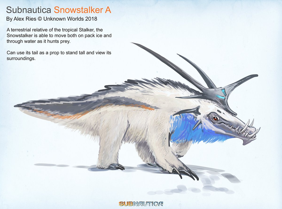 alexriesart's tweet photo. More Subnautica: Below Zero development; in this case, the Snowstalker.

I designed them to be terrestrial relatives of the tropical, aquatic stalkers who developed filamentous integument to protect themselves from the cold. https://t.co/dxHdxlx1GH