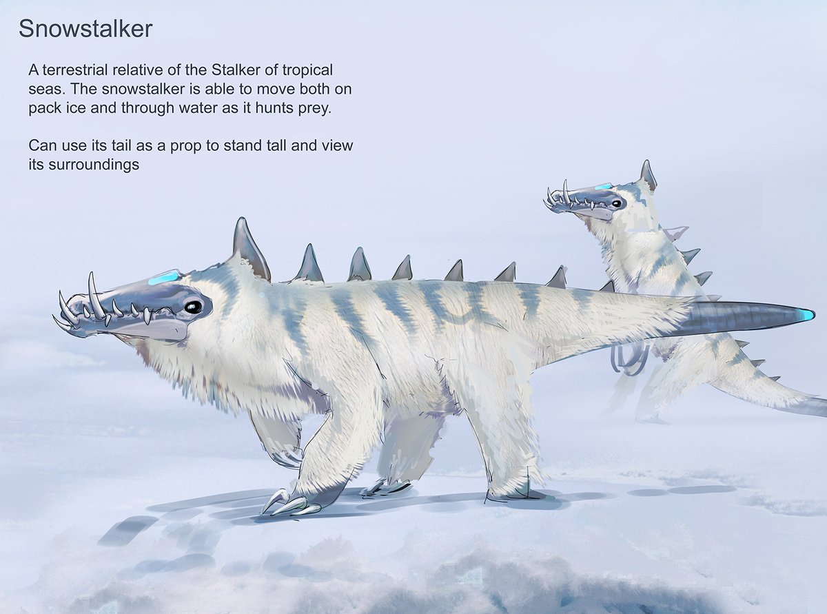 alexriesart's tweet photo. More Subnautica: Below Zero development; in this case, the Snowstalker.

I designed them to be terrestrial relatives of the tropical, aquatic stalkers who developed filamentous integument to protect themselves from the cold. https://t.co/dxHdxlx1GH