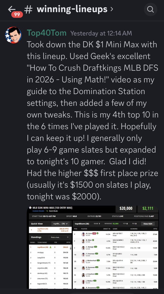 DFSArmy's tweet photo. I’ve pushed and pushed this video this year.

The results speak for themselves.

We show you the edge in DFS from NASCAR to MLB and everything else.

#HelmetsUp Congrats to Top40Tom!! https://t.co/2wqnBZzlhS