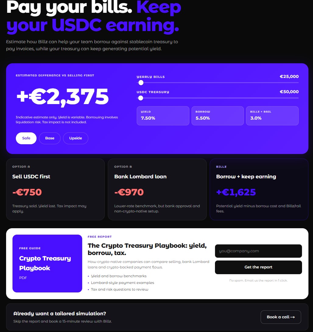 Billz_founder's tweet photo. Quick Billz update.

We stopped trying to explain the whole platform at once.
Now we’re starting with one simple question:

If a crypto team has USDC in treasury and needs to pay real-world bills, should they always sell first?

So we built a simple simulator to compare:

• sell USDC first
• bank Lombard loan
• Billz flow
No KYC.
No commitment.
Just the numbers before going further.

Looking for honest feedback from Web3 teams paying invoices, contractors or vendors in fiat.

https://t.co/7liuOxvasZ