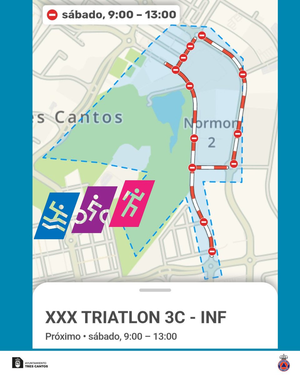 PCivil3C's tweet photo. Este sábado tendrá lugar el Triatlón de Tres Cantos. Una prueba deportiva que congregarse cerca de 1200 deportistas.

Empezaremos con las categorías infantiles que discurrirán por el lago, el parque central y calles de la zona industrial.

El horario de 9.00 a 13.00. https://t.co/3qwnEK1DKI