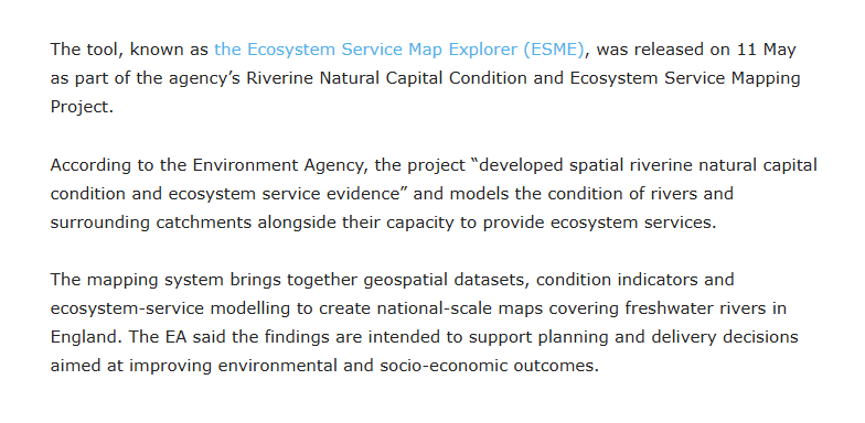 owenboswarva's tweet photo. Environment Agency launches river ecosystem mapping tool for England https://t.co/Oo1EYBJQPQ

Ecosystem Service Map Explorer (ESME) https://t.co/uXQbJU5RwF based on #opendata

Project information https://t.co/QooDZKQPsH

#govtech #geospatial #defradata #loverivers https://t.co/zVJS2ZZ1LT