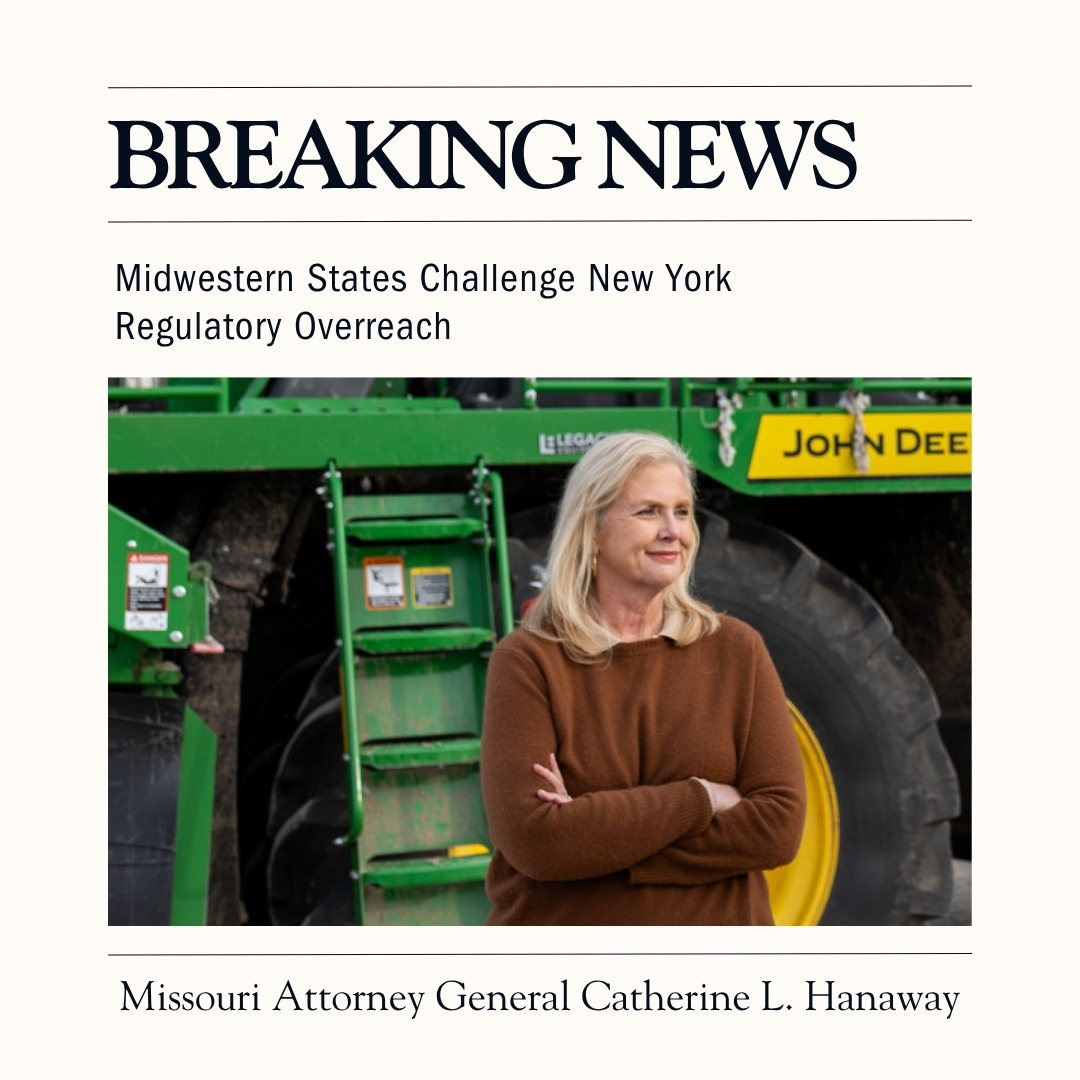 AGCHanaway's tweet photo. Missouri’s energy independence is under attack by New York’s radical greenhouse gas mandates. 

We have joined @AGIowa and @CIRights to combat bureaucratic GHG over-regulation, and my office will keep fighting to protect Missouri agriculture from out-of-state overreach. https://t.co/7RP2pnTn9Y