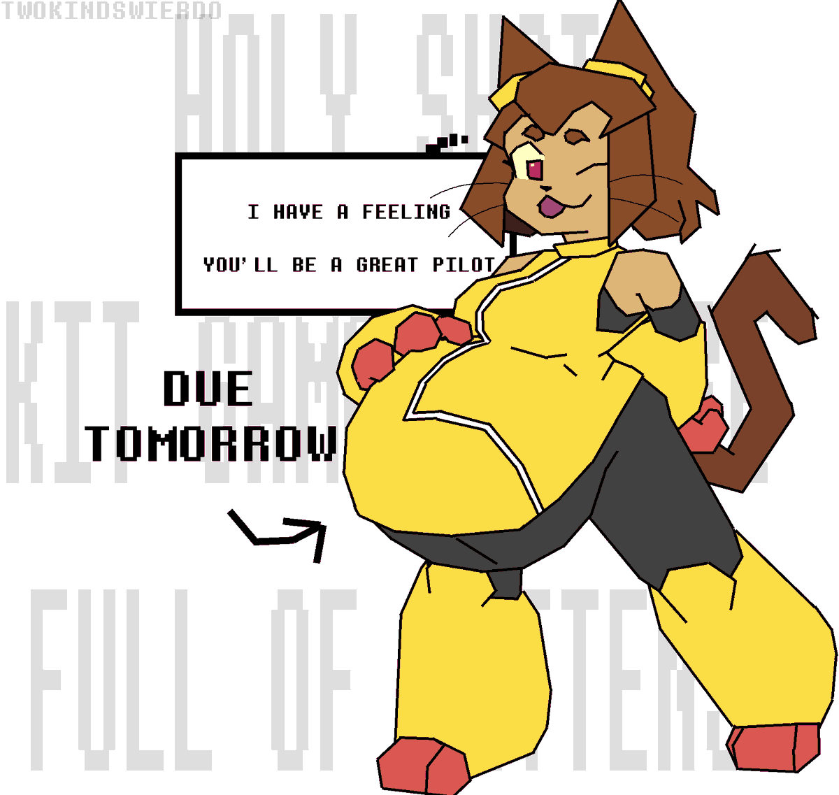 TKWierdo's tweet photo. Youre telling me Kit Gameoverse is releasing in the middle of Mayternity and theres been zero pregnant art of her??
And theres only one other drawing of that?????

Thats heresy, everyone go impregnate the newcomer cat with the child bearing hips https://t.co/xrPs7yUY0u