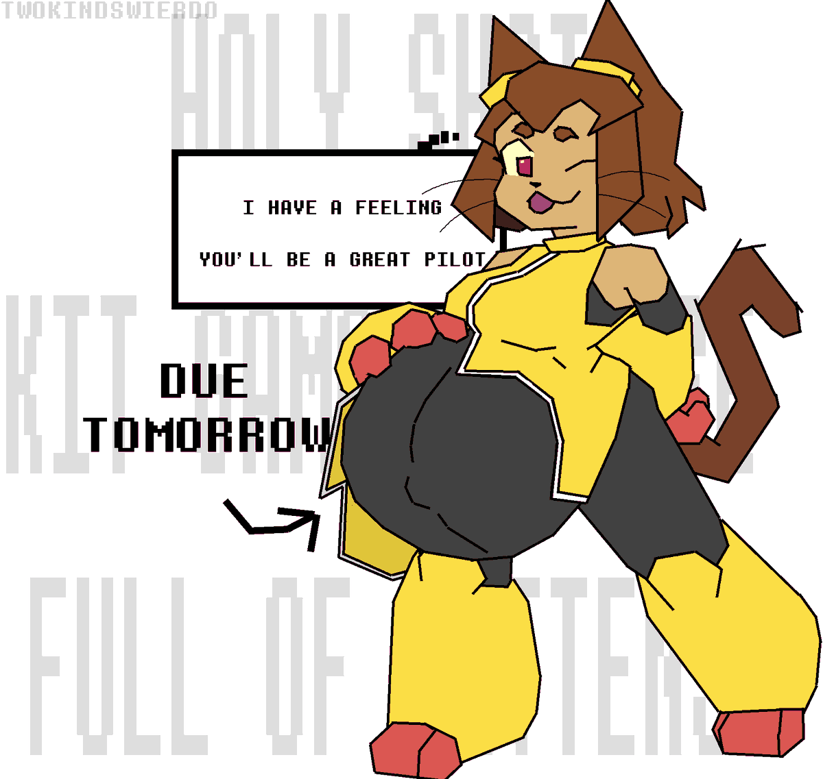 TKWierdo's tweet photo. Youre telling me Kit Gameoverse is releasing in the middle of Mayternity and theres been zero pregnant art of her??
And theres only one other drawing of that?????

Thats heresy, everyone go impregnate the newcomer cat with the child bearing hips https://t.co/xrPs7yUY0u