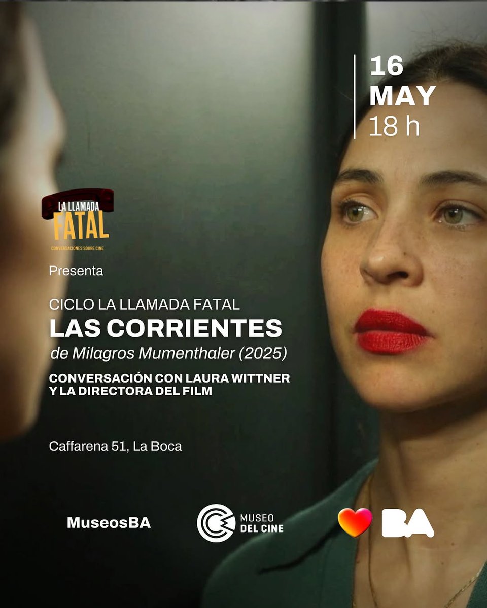 SwissAmbArg's tweet photo. Si te perdiste el paso por salas comerciales de "Las corrientes", premiada película 🇨🇭🇦🇷 de Milagros Mumenthaler, esta es tu oportunidad para verla junto a su directora.

🗓️ Sábado 16 de mayo, 18h
📍 Museo del Cine (Caffarena 51, CABA)

Entrada libre y gratuita. https://t.co/d1ZpIIeAeo
