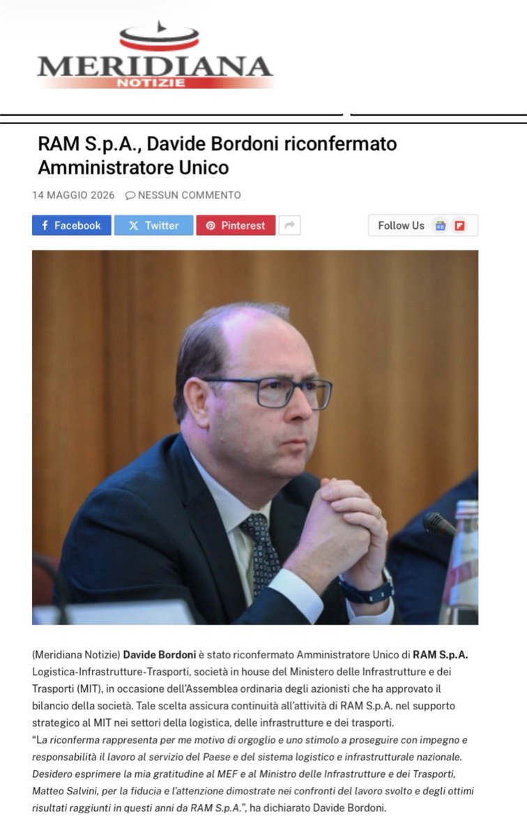 RAM_Spa's tweet photo. Davide Bordoni è stato riconfermato Amministratore Unico di RAM S.p.A. Logistica-Infrastrutture-Trasporti, società in house del @mitgov_it , in occasione dell’Assemblea ordinaria degli azionisti che ha approvato il bilancio della società.

Rassegna stampa: https://t.co/0OrW3bGYKB https://t.co/CuWc5Y53CW
