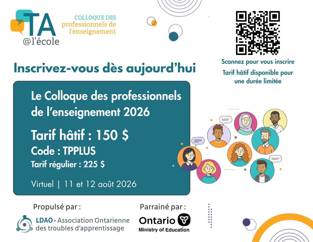 TAaLecole's tweet photo. L’inscription au Colloque 2026 est ouverte. #LDAO

🧠 TA, TDAH et besoins d’apprentissage variés
📅 11 et 12 août 2026
💻 Deux demi-journées virtuelles

Voie 1 : expression d’intérêt
Voie 2 : inscription - 150 $ code : TPPLUS

👉https://t.co/8mLIWsvwiz https://t.co/PdTg2x1vu0