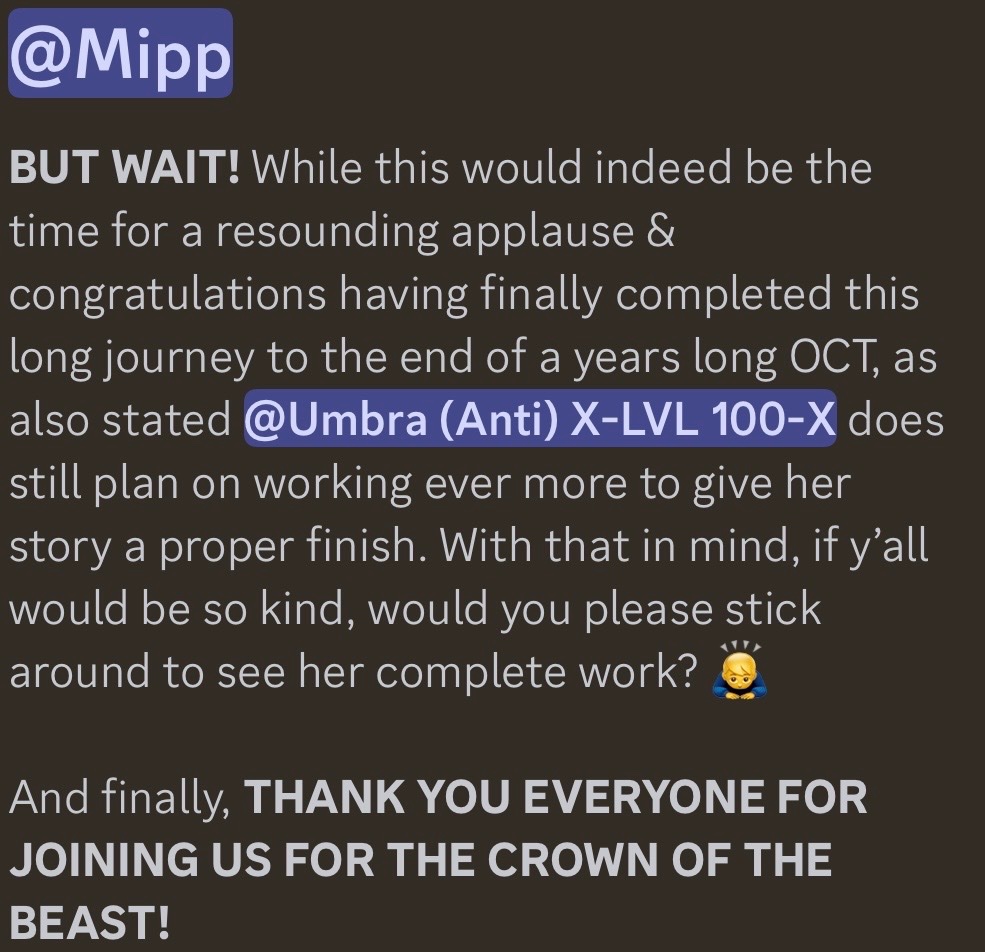 CrownOfTheBeast's tweet photo. “THE WINNER OF THE CROWN OF THE BEAST OCT IS…! ”

After 4 whole years, we’ve reached our journey’s end. Please check out the final entries of the COTB from our finalists:

https://t.co/rW5R1od7RW 👑 By @umbradoodles (And more to come)

https://t.co/zCCX2sUeJF 👑 By @mippness https://t.co/Hz6uDGrDcw