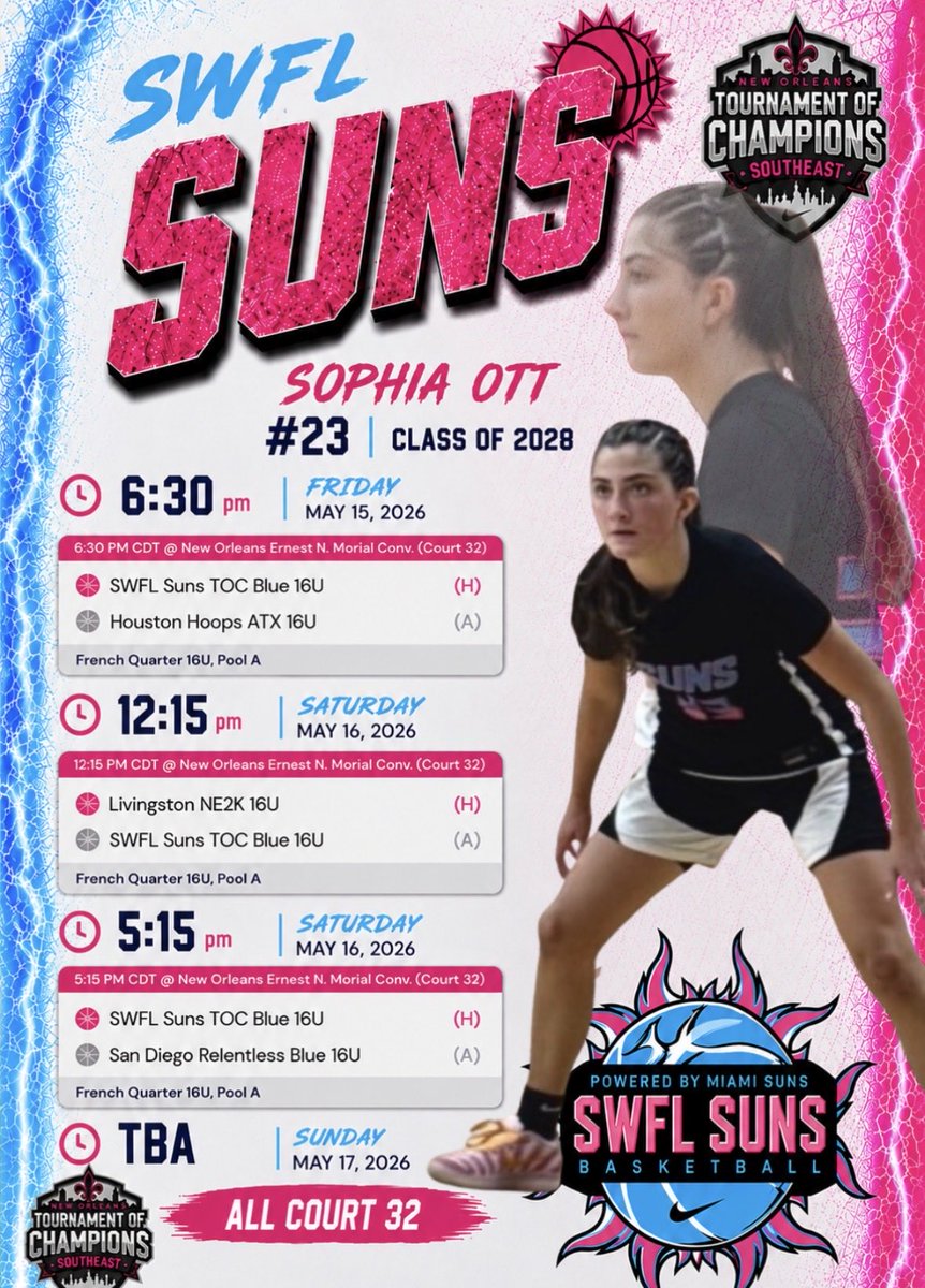 Sophiahoops23's tweet photo. Tournment schedule for this weekend in New Orleans!! #tournmentofchampions #neworleans #basketball #classof28 #gameweekend #weready #23 https://t.co/TlqBEZP2nj