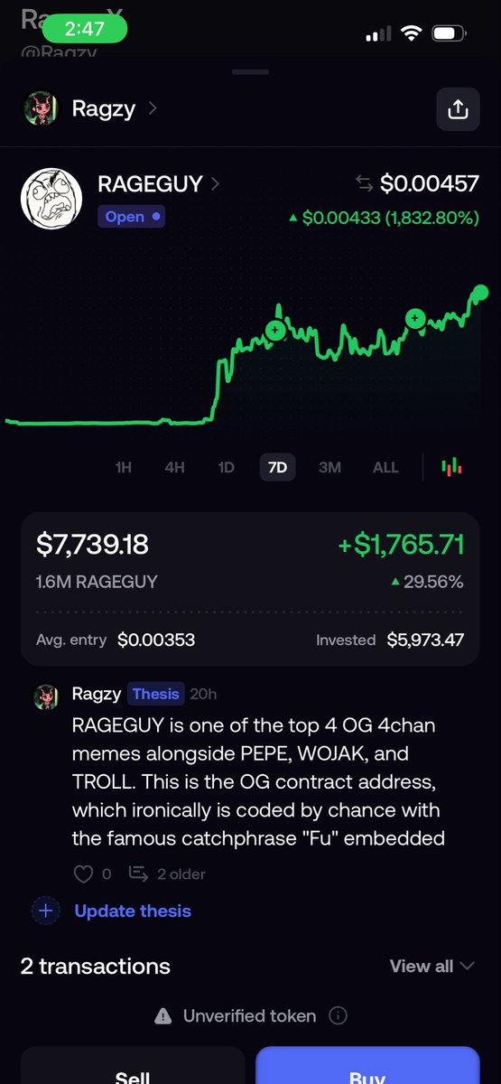 ragzyart's tweet photo. MOGGING MOFOS ON FOMO BWAHAHA

UP 30% and almost $2,000 from my $5,000 PUBLIC BUY ON $RAGEGUY yesterday 

Anyone can track my public wallet see below 👇🏽 https://t.co/kCtavGOVTV