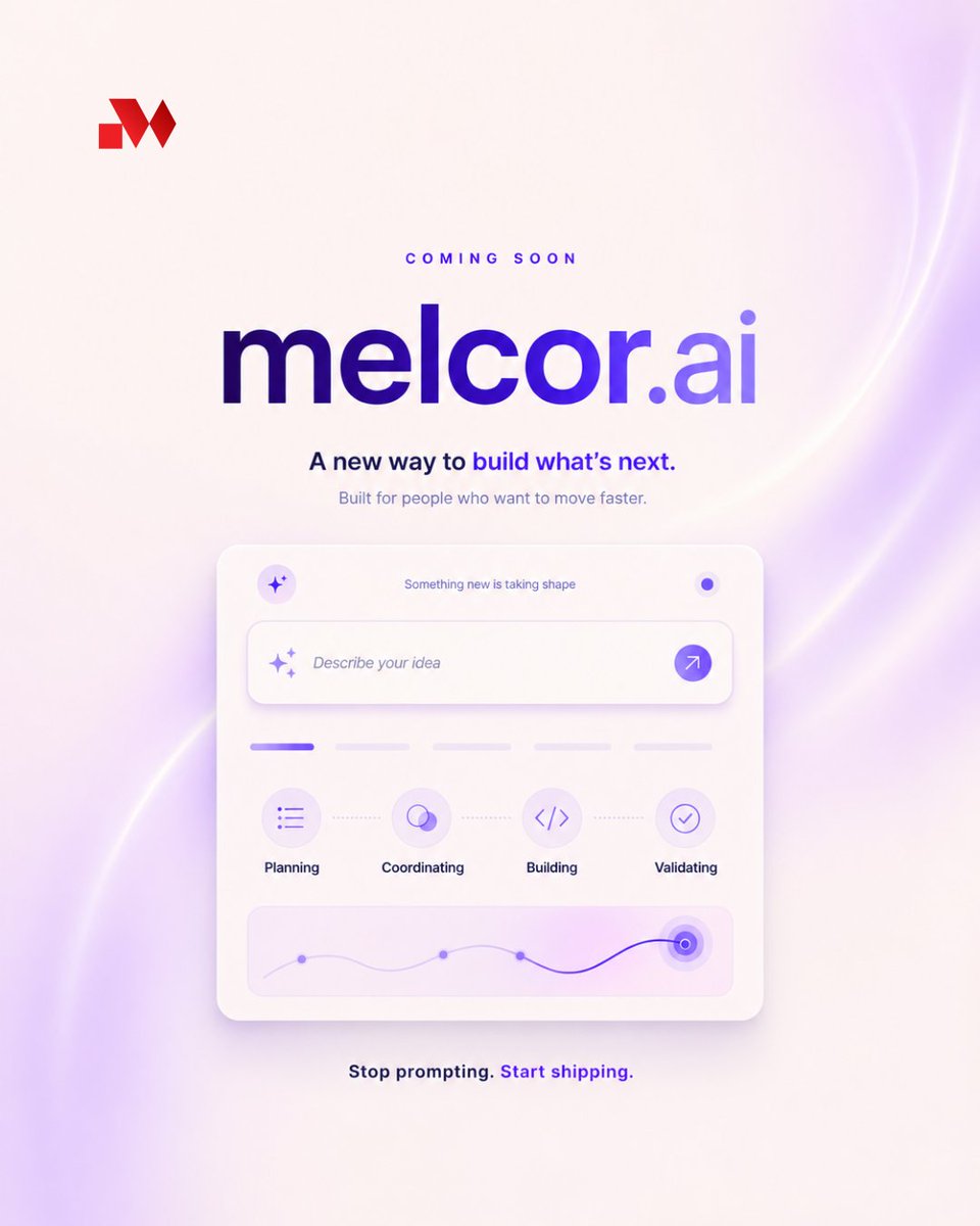 melcorsoft's tweet photo. Something new is taking shape.

https://t.co/HRexXCukS5 is coming soon.

A new way to build what’s next.
Stop prompting. Start shipping. https://t.co/tYMwtHlirO